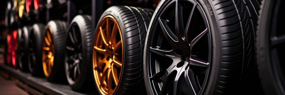 Car tires showcased inside an automobile workshop.